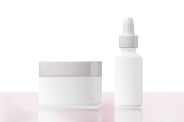 Cosmetic 3D render product packaging mockup, studio light, cream jar, serum dropper, clear matte glass, light gray glowing cap with reflection, isolated, transparent background. Beauty sale banner.