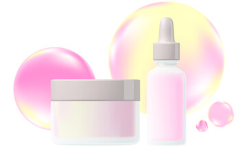 Cosmetic product packaging mockup, liquid bubbles, cosmetic jar with light pink cream, serum dropper, clean white mat clear glass, gray, beige glowing cap. Beauty spa isolated, transparent background.