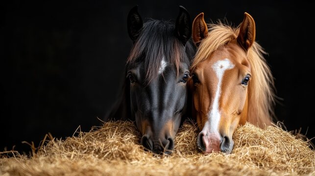 This enchanting image captures two horses peacefully resting, positioned closely together on a bed of straw, conveying companionship and tranquility in their serene expression. - Powered by Adobe