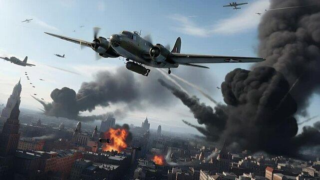 Pixelated aerial view of warplanes bombing a city with explosions and smoke during the daytime sky scene