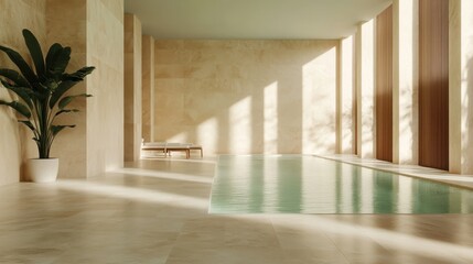 Fototapeta premium An elegant and serene poolside area is captured in soft lighting, emphasizing minimalistic design and tranquility, creating an inviting space for relaxation and peaceful reflection.