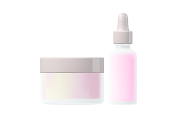 Cosmetic product mockup, cosmetic jar with light pink cream, serum dropper with clear liquid oil, mat clear glass, gray, beige glowing cap. Beauty skincare object isolated, transparent background.