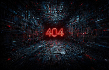 Explore a mesmerizing digital landscape where a glowing "404" sign stands amidst intricate circuitry.