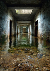 Obraz premium A hauntingly serene view of a flooded, abandoned corridor, showcasing decaying walls and reflections of forgotten architecture, where nature gradually reclaims man-made structures.