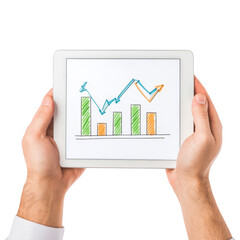 Hands holding digital tablet displaying colorful graph with increasing trends and data
