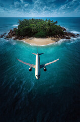 Fototapeta premium A breathtaking aerial view of an airplane flying over a secluded tropical island, surrounded by crystal-clear waters and lush palm trees, inviting travelers to their dream getaway.