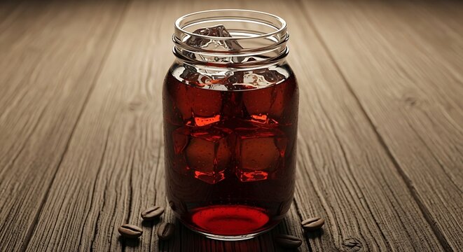 3D realistic render of cold brew coffee with ice cubes served in mason jar on rustic wooden table, summer cafe concept - Powered by Adobe