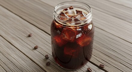 3D realistic render of cold brew coffee with ice cubes served in mason jar on rustic wooden table, summer cafe concept