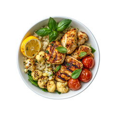 Fototapeta premium Grilled Chicken and Couscous Bowl with Roasted Cauliflower and Cherry Tomatoes