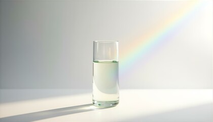 Clear Glass with Liquid and Rainbow Prism on White Surface
