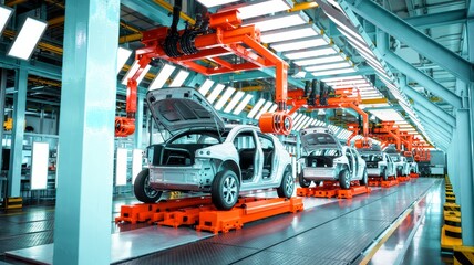 Automated assembly line in a high-tech factory producing modern vehicles using robotic arms for precision and efficiency in automobile manufacturing.