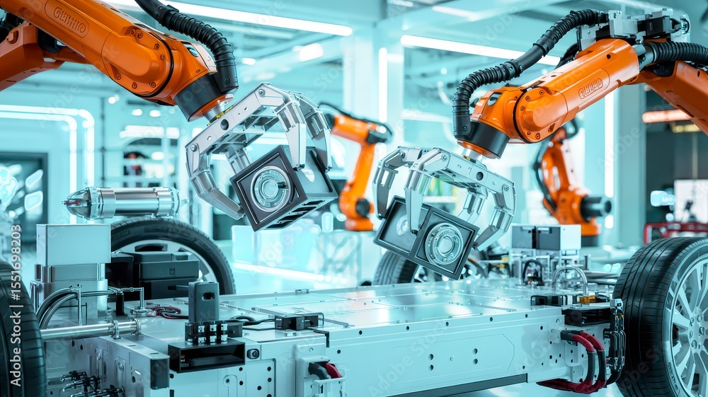 Aufkleber high-tech robotic arms equipped with sensors work on a car chassis during automated assembly in a mo