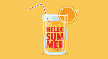 Vibrant Flat Vector Illustration of Refreshing Fizzy Orange Drink with HELLO SUMMER Text, Orange Slice, and Striped Straw on Light Yellow Background