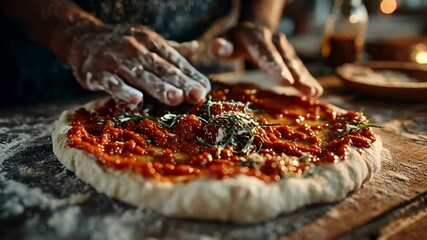 Crafting homemade pizza: Person sprinkling flour while preparing delicious pizza - Powered by Adobe