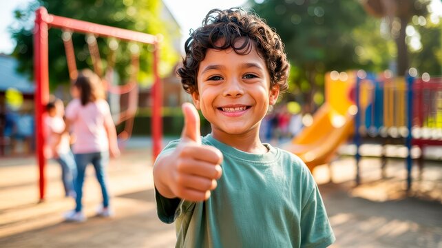  A cheerful young student smiles and gives a thumbs up while enjoying recess outdoors at a park or school playground with friends in the background.