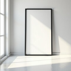 Single black frame against bright white wall in a light room , modern, home