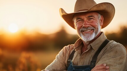 Fototapeta premium A cheerful farmer stands confidently in a field during sunset, symbolizing hard work, resilience, and the rewarding connection to nature in agricultural life.