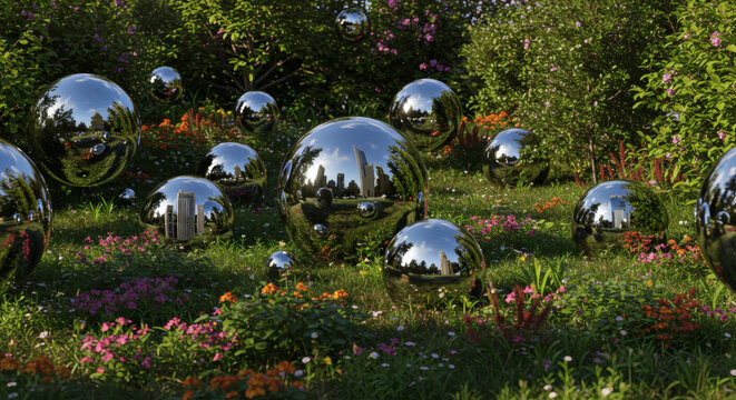 Surreal Garden Floating Mirrored Spheres in a Lush Floral Paradise