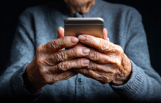 A close-up of aged, wrinkled hands holding a smartphone, symbolizing the intersection of technology and the elderly experience in today's digital age.