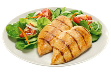 prato com filé de peito de frango grelhado acompanhado de salada de alface, pepino, tomate e queijo isolado em fundo transparente