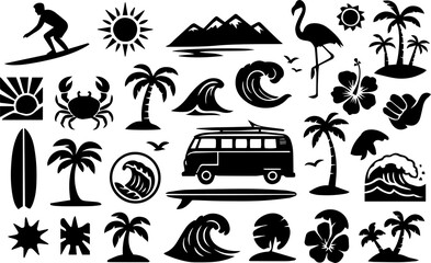 Vector icon set of tropical island nature with palm trees, beach, sun, and sea, perfect for summer travel illustrations