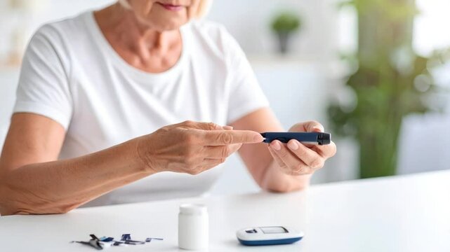 Senior woman using glucose meter