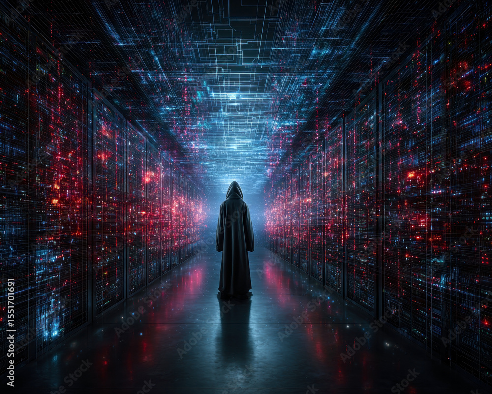 Aufkleber a mysterious figure in a hooded cloak stands amidst glowing data servers, embodying the intersection