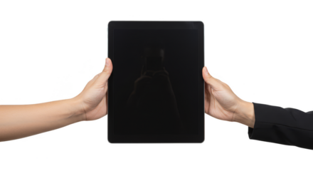 Hands Holding Black Tablet Device Isolated Transparent Background