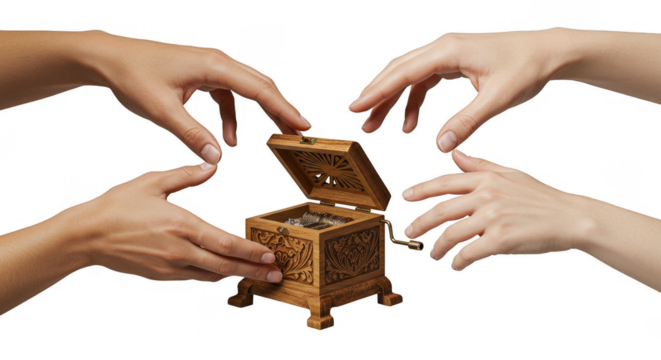 Hands Reaching for Golden Treasure Chest with Coins Illustration - Powered by Adobe