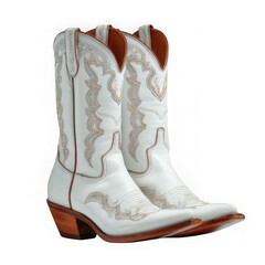 A pair of white cowboy boots with decorative stitching on a white background