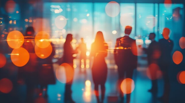 Office party scene with blurry corporate silhouettes and festive light flares for HR marketing, startup branding or lifestyle content