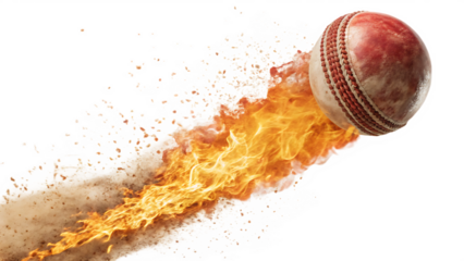 Red and white cricket ball with fiery orange flames and smoke trail isolated on a transparent background