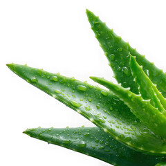 Close up of fresh aloe vera leaves with water droplets on a white background