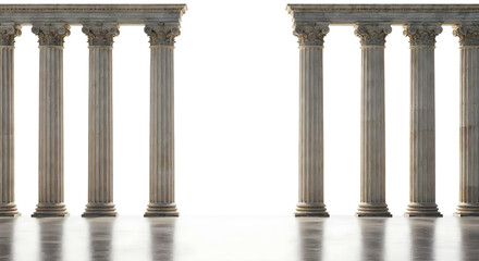 Naklejka premium Symmetrical ancient Roman columns with ornate capitals on white glossy floor.