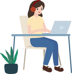 Woman wearing headphone and working on laptop sitting on a chair editable vector design illustration