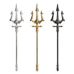 Three tridents in silver gold and black isolated against a white background