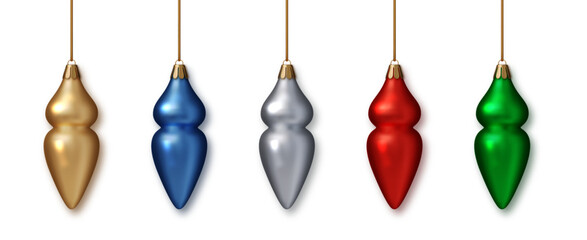 Christmas baubles vector collection PNG. Glossy 3D ornaments with metallic texture. Realistic xmas toys for celebration and decoration. New Year celebration design.