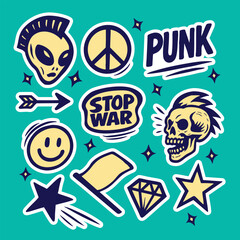 Colorful cartoon line art stickers set alien peace punk smile skull diamond star stop war flag