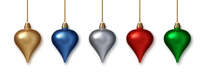 Christmas baubles realistic set isolated PNG. 3D vector of festive metallic ornaments for New Year, winter holiday greeting cards, banners
