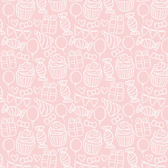 Seamless pattern with Happy Birthday doodles. Sketch of party decoration, funny, gift box and cute cake. Children drawing. Hand drawn vector illustration on white background.