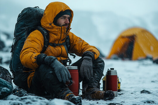 Bearded man in orange parka sits in snow with thermos and backpack, looking focused during harsh arctic winter expedition