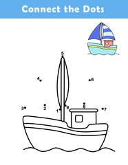 Dot to Dot Worksheet for Kids. Connect the dots to draw a cute sailboat. Illustration of Sailboat. Coloring page.
