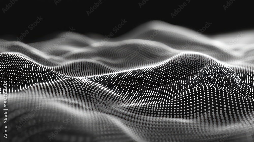 Poster abstract digital waveform: a grayscale rendering of a flowing digital landscape, composed of countle