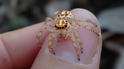 Obraz premium Tiny jumping spider on finger
