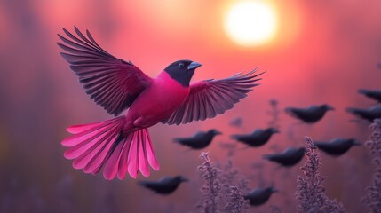 Obraz premium A vibrant pink bird takes flight against a stunning sunset, accompanied by a silhouette of nearby birds in soft hues