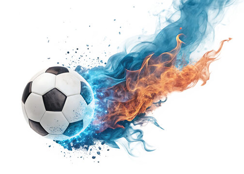 Soccer ball with dynamic blue and orange fiery energy burst isolated on a transparent background football
