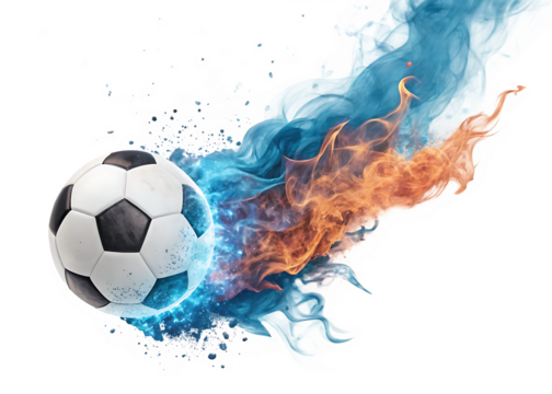 Soccer ball with dynamic blue and orange fiery energy burst isolated on a transparent background football
