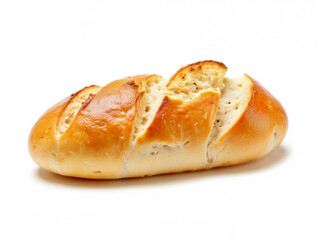 Freshly baked golden bread with sliced crust on white background  