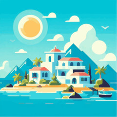 Naklejka premium beach house with coconut trees with mountain background