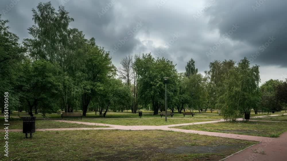 Poster cloudy day in quiet park with lush green trees and intersecting walking paths
